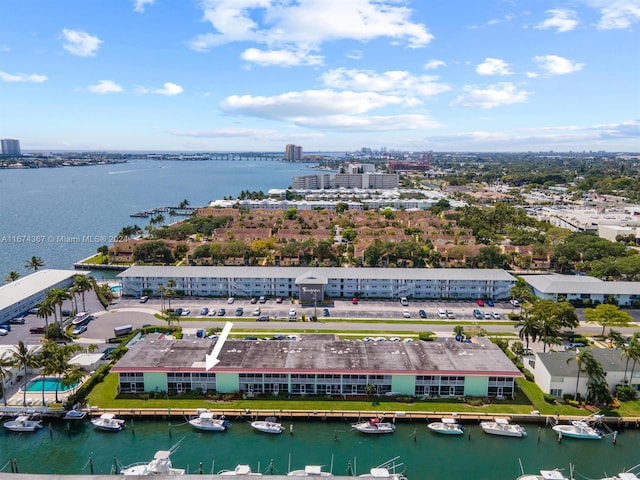 drone / aerial view with a water view