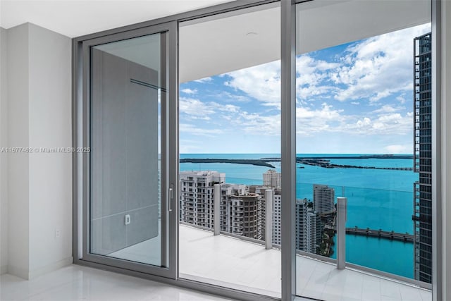 doorway featuring a water view and a healthy amount of sunlight