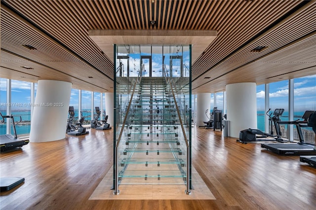 gym with a water view and wood-type flooring