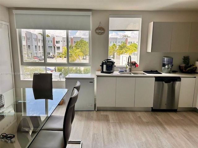 kitchen with sink, dishwasher, and light wood-type flooring