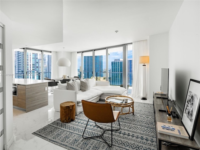 living room with a healthy amount of sunlight and floor to ceiling windows