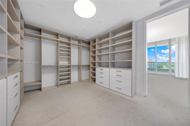 walk in closet featuring light colored carpet