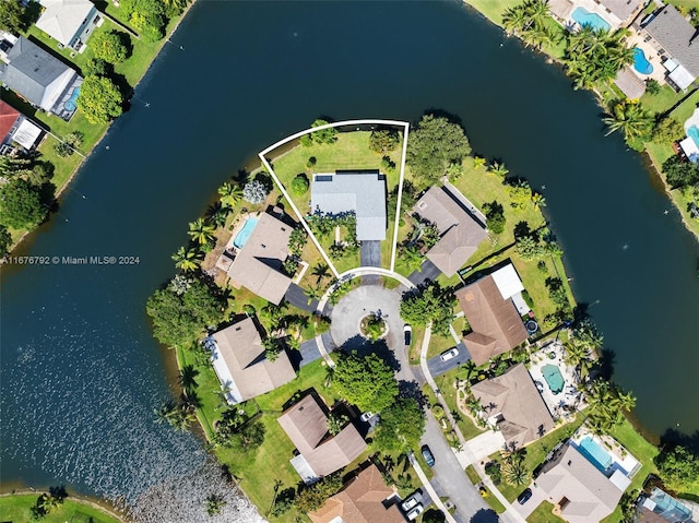 drone / aerial view featuring a water view