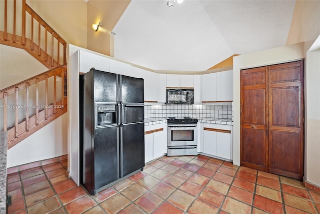 kitchen featuring white cabinetry, backsplash, high vaulted ceiling, and black appliances