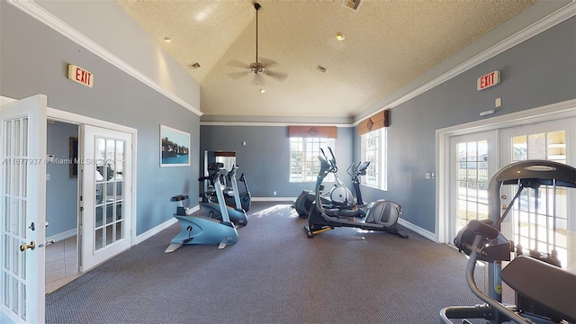 exercise room with french doors, ceiling fan, high vaulted ceiling, and a textured ceiling