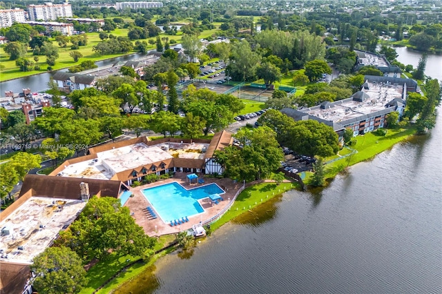 drone / aerial view featuring a water view