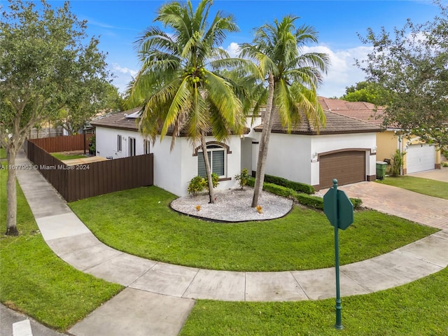 view of front facade with a front yard and a garage