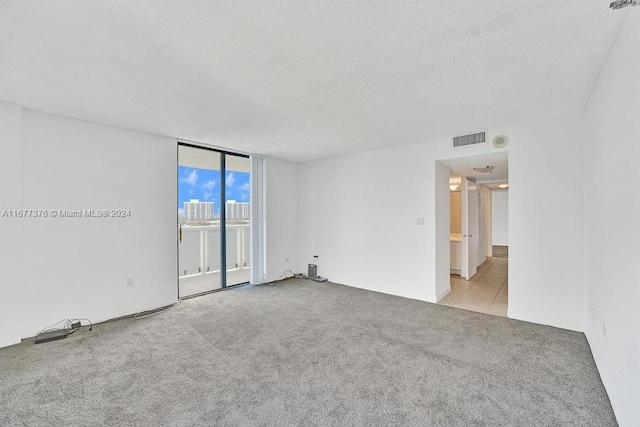 spare room featuring a textured ceiling, a wall of windows, and light colored carpet