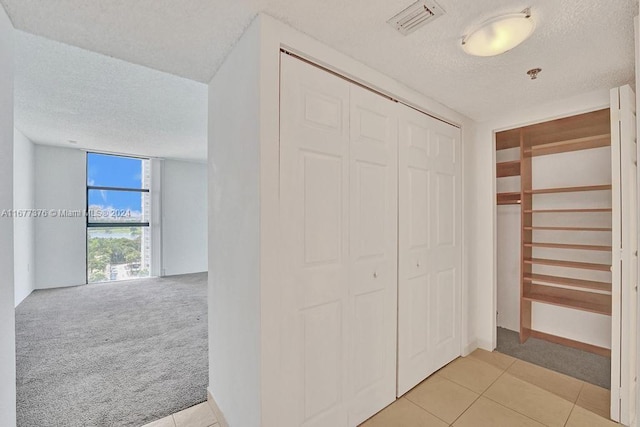 hallway with a textured ceiling and light colored carpet