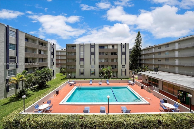 view of swimming pool featuring a patio area and a lawn