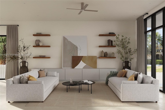 living room featuring ceiling fan