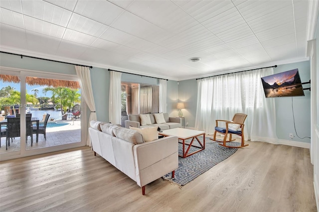 living room with a water view and hardwood / wood-style floors