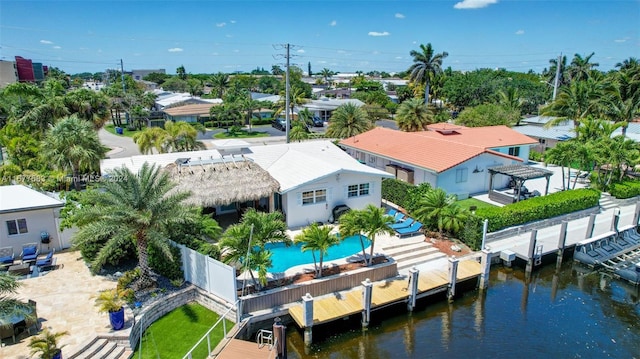 bird's eye view with a water view