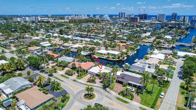 bird's eye view with a water view