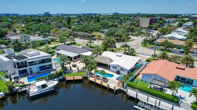 birds eye view of property featuring a water view