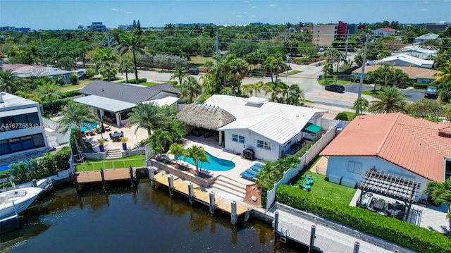 bird's eye view with a water view