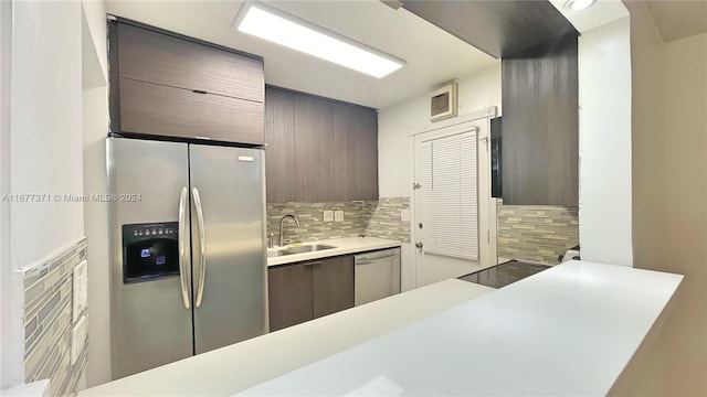 kitchen with appliances with stainless steel finishes, kitchen peninsula, sink, and backsplash