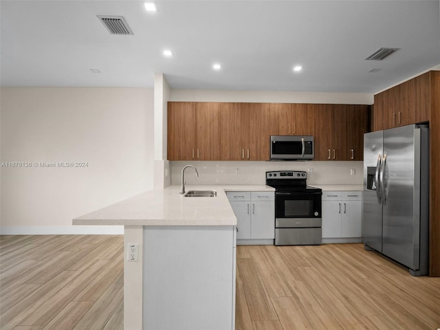 kitchen featuring kitchen peninsula, light wood-type flooring, stainless steel appliances, sink, and white cabinets