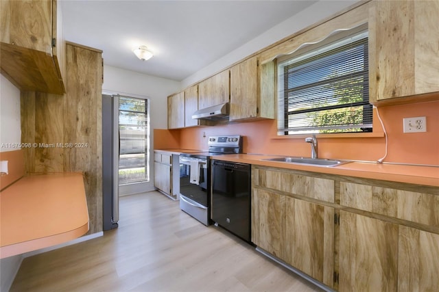 kitchen with light hardwood / wood-style floors, stainless steel appliances, and sink