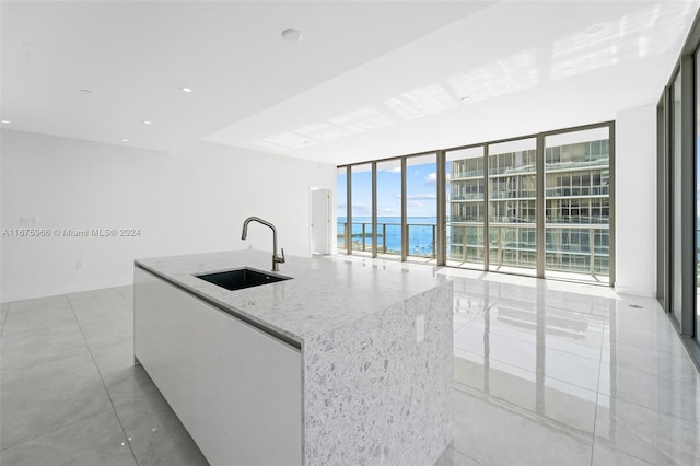 kitchen featuring a healthy amount of sunlight, sink, a center island with sink, and a water view