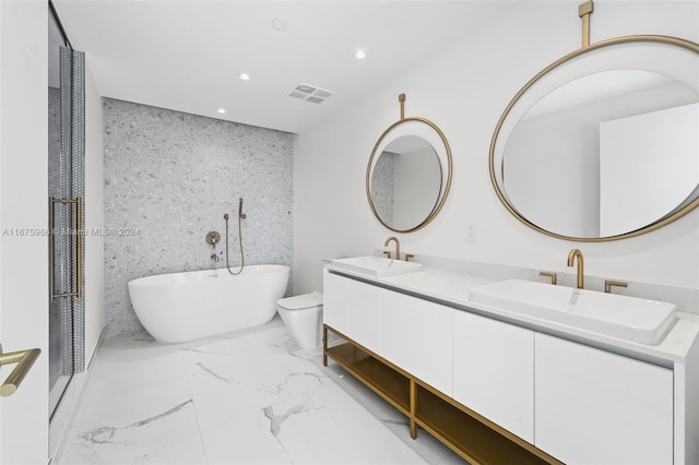full bath with recessed lighting, double vanity, visible vents, and a sink