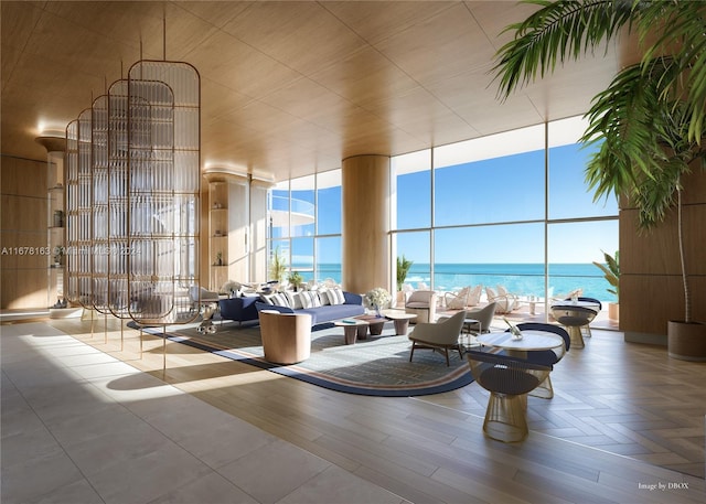 lobby with a water view