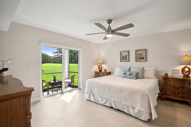 bedroom with ceiling fan and access to outside