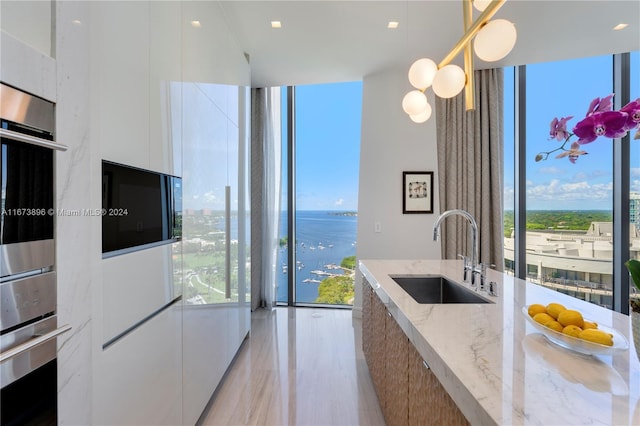 kitchen featuring a sink, white cabinetry, a wall of windows, and modern cabinets