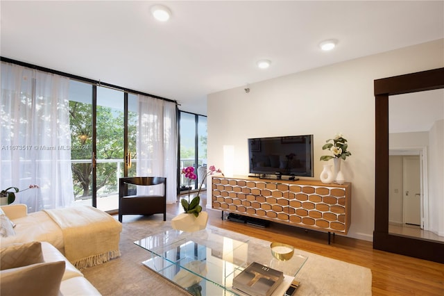 living room with a wall of windows and wood-type flooring