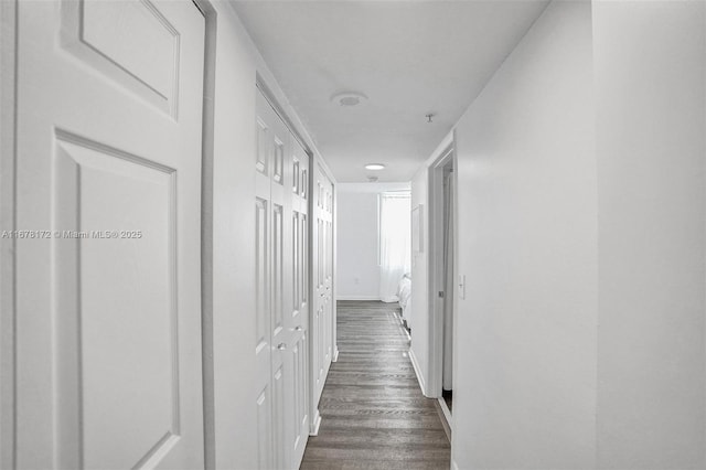 hallway with dark hardwood / wood-style flooring