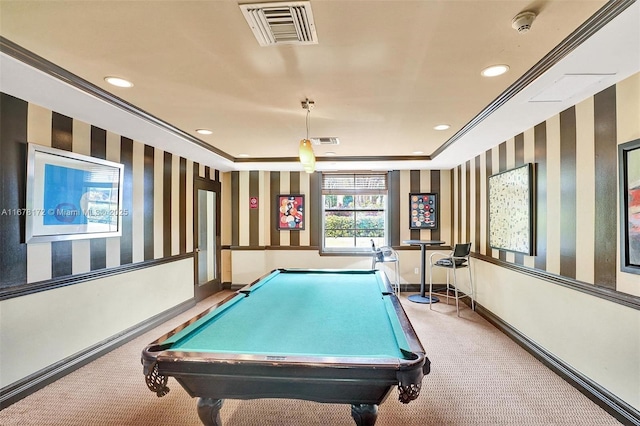 playroom with carpet, ornamental molding, billiards, and a tray ceiling