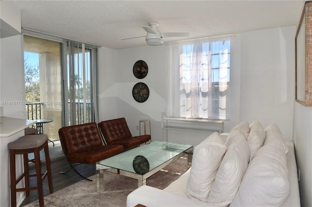 living room with floor to ceiling windows, a textured ceiling, and ceiling fan