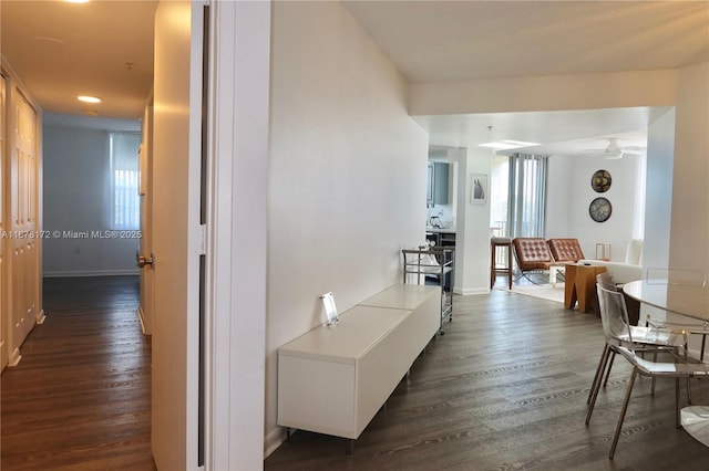 hallway with dark hardwood / wood-style flooring