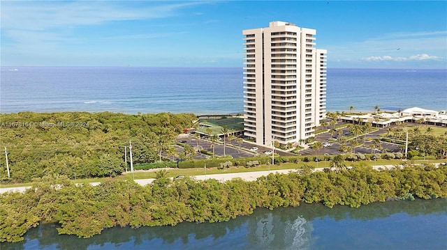 aerial view featuring a water view