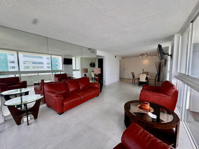 living room featuring a textured ceiling