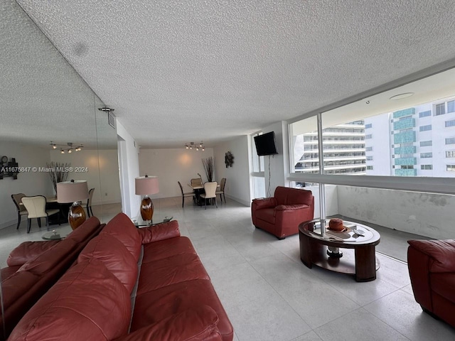 living room featuring a textured ceiling