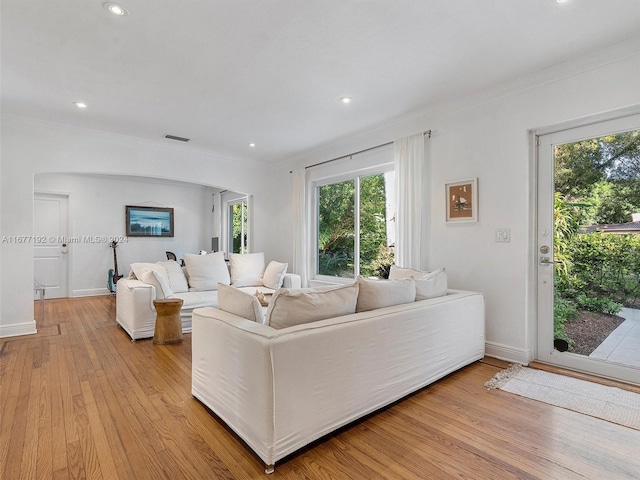 living room featuring crown molding and light wood-type flooring