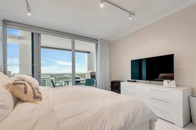 bedroom featuring track lighting, floor to ceiling windows, access to exterior, and ornamental molding