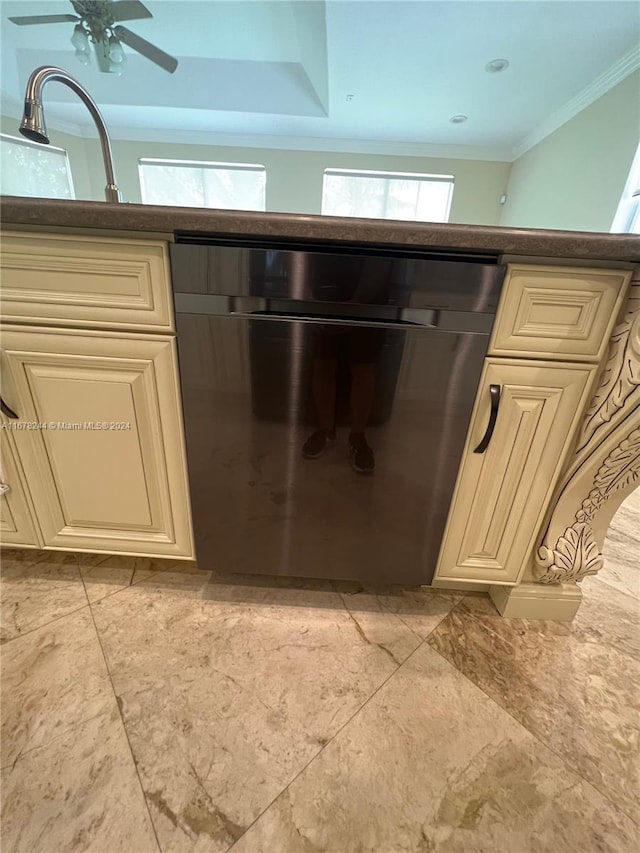 details with stainless steel dishwasher, crown molding, and ceiling fan