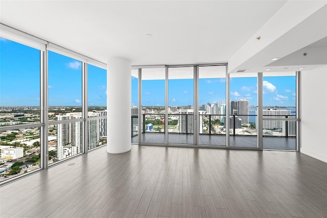 empty room with a wall of windows and hardwood / wood-style floors