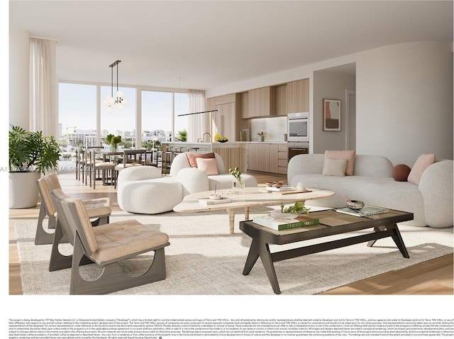 living room featuring a wall of windows, an inviting chandelier, and light hardwood / wood-style floors