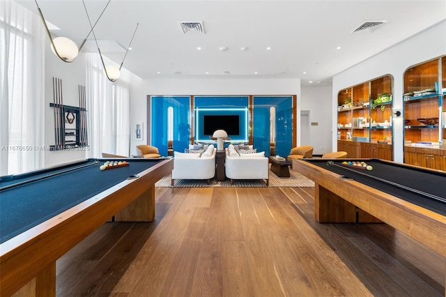 rec room featuring visible vents, pool table, and wood finished floors