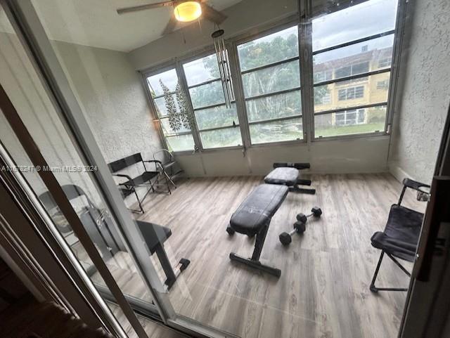 workout area with wood-type flooring and ceiling fan