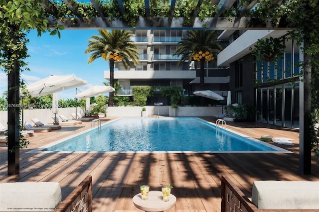 view of pool featuring a wooden deck