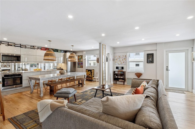 living room with a healthy amount of sunlight and light wood-type flooring