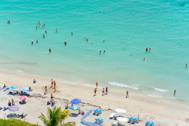 view of water feature with a beach view