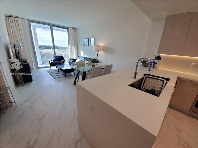 kitchen with a peninsula, marble finish floor, light countertops, and a sink