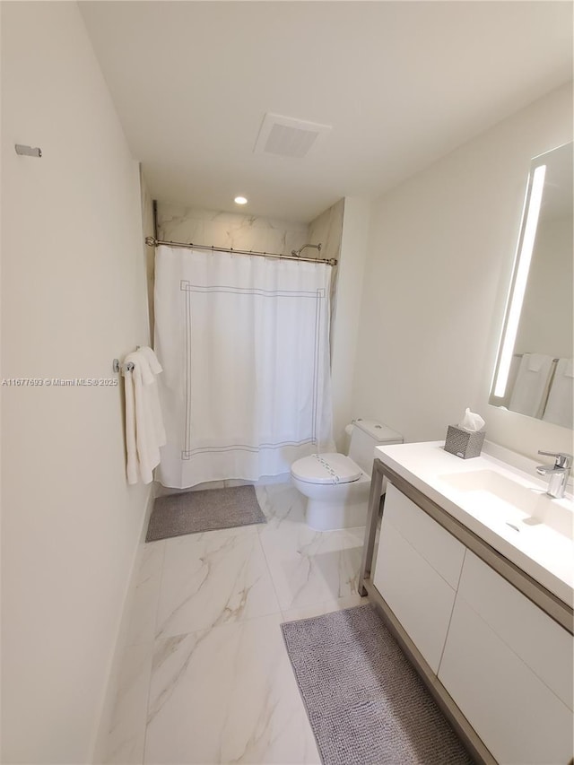 full bathroom with marble finish floor, visible vents, toilet, vanity, and a shower with curtain