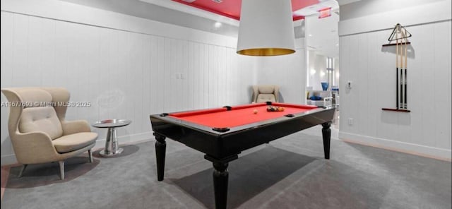 playroom featuring carpet, billiards, and baseboards