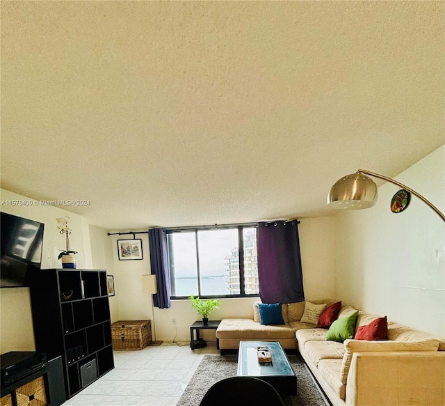 living room featuring a textured ceiling